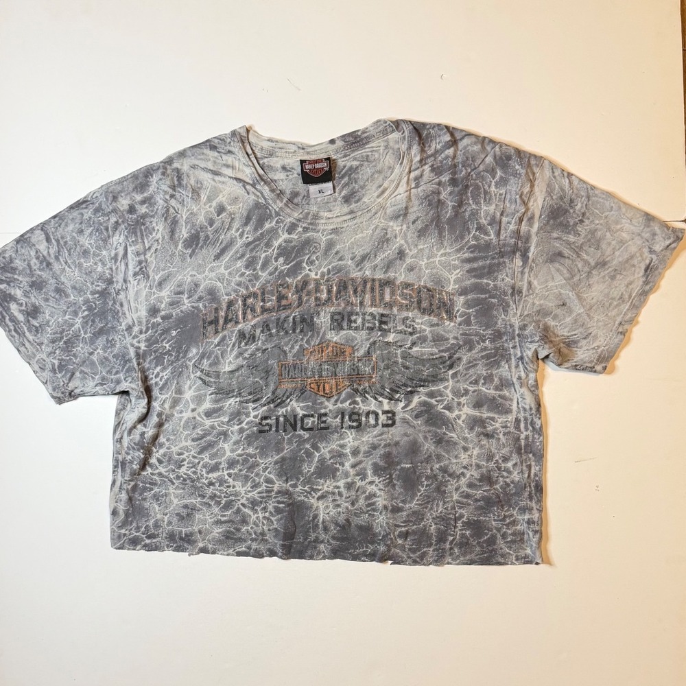 Harley-Davidson Cropped T-Shirt Womens XL Grey Acid Wash Beartooth MT